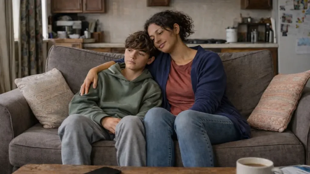 Parent and child sitting quietly together at home