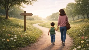 Parent and child walking a calm pathway with signposts