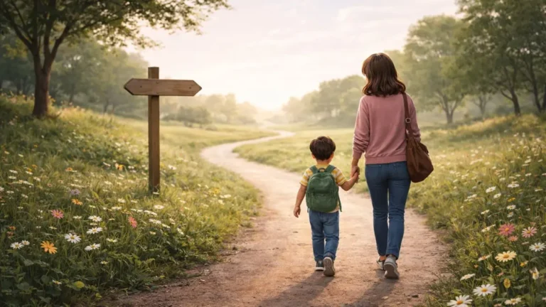 Parent and child walking a calm pathway with signposts