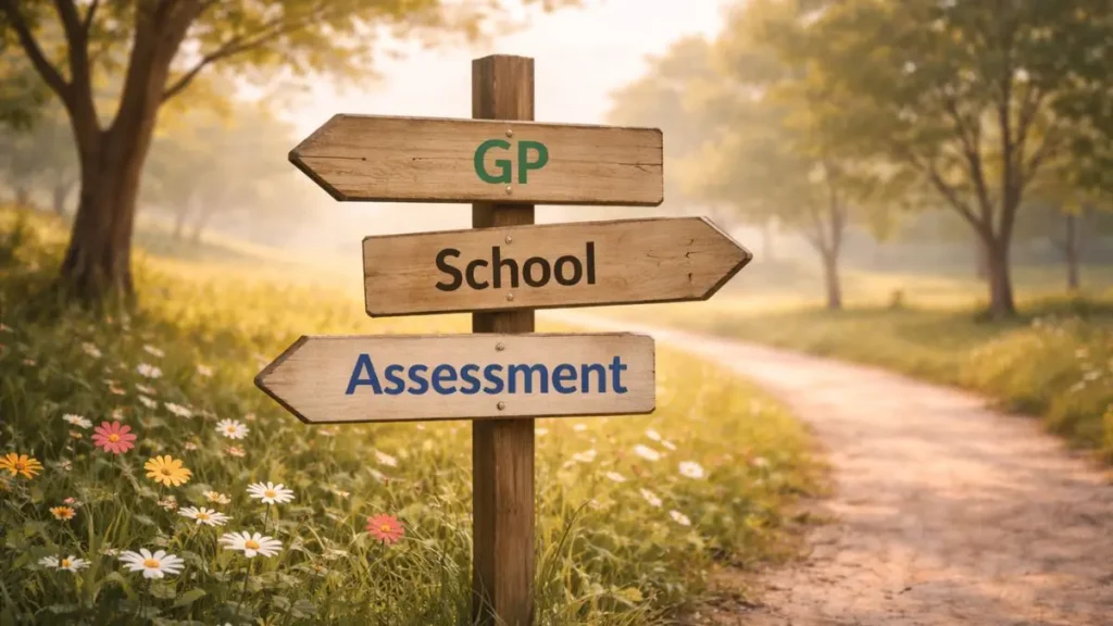 Signpost showing different assessment routes in the UK
