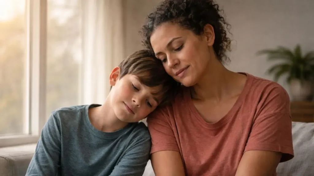 Parent and child sitting side by side in quiet reflection
