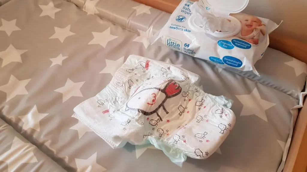 Photo of baby nappy on a changing table, with baby wipes.