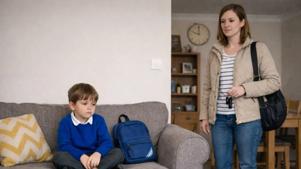 Child sitting on sofa before school looking anxious while parent stands nearby