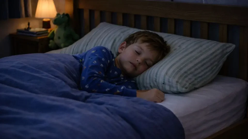 A child sleeping peacefully after a calm bedtime.
