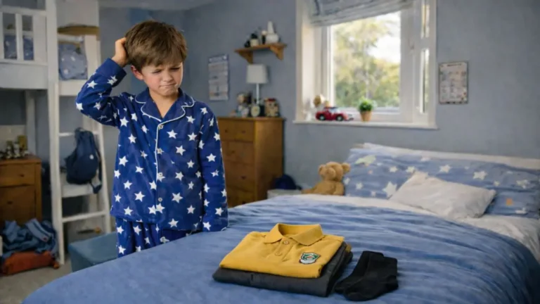 Young boy in pyjamas looking unsure at folded school uniform on bed in UK bedroom.