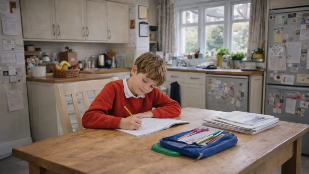 When school expectations don’t match your child 3 Child working confidently on homework at kitchen table.