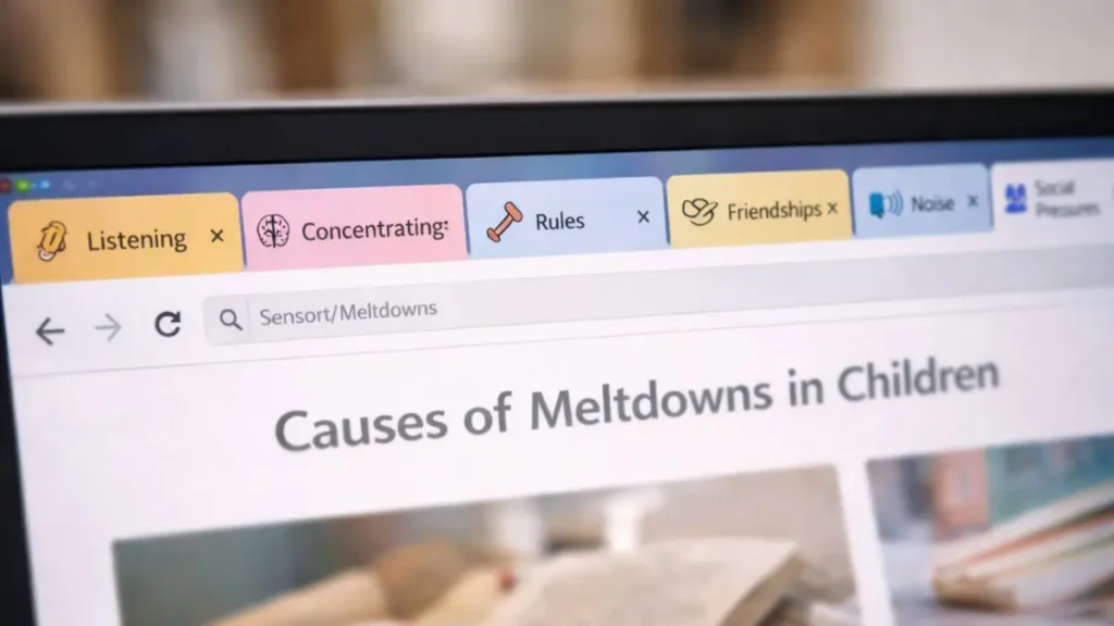Browser tabs showing school-related demands like listening, rules, and friendships.