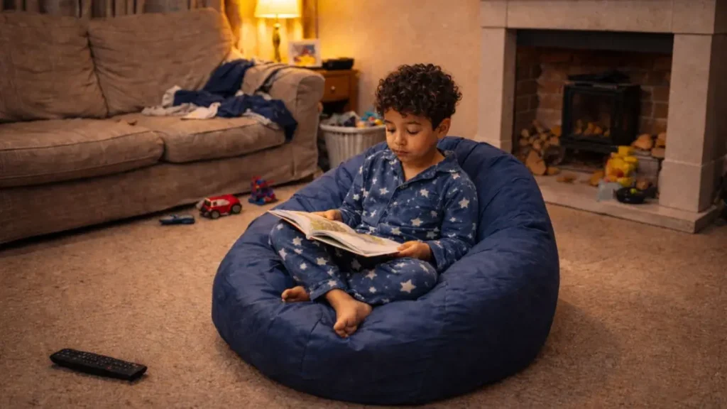 Why some children need quiet time before bed 2 Child reading quietly in pyjamas before bed in a calm living room.