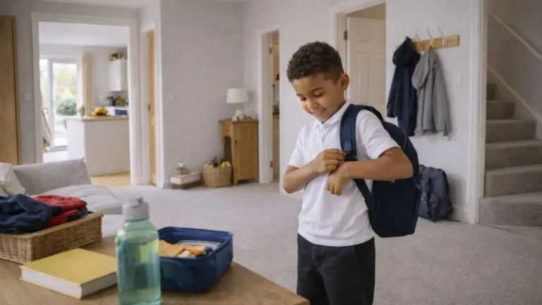 Child putting on a school bag in a calm UK home morning