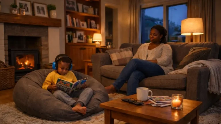 A child wearing ear defenders reading quietly on a beanbag while a parent sits nearby
