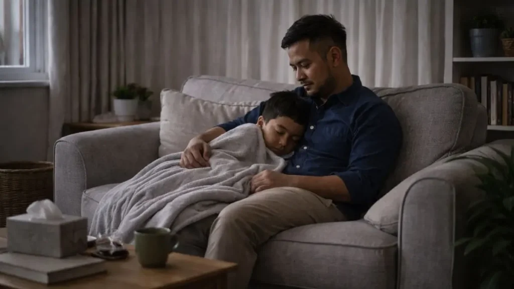 Parent sitting on a sofa with an overstimulated child resting under a blanket.