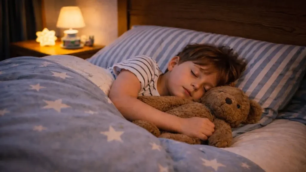 Child asleep in bed after a long, overtired evening