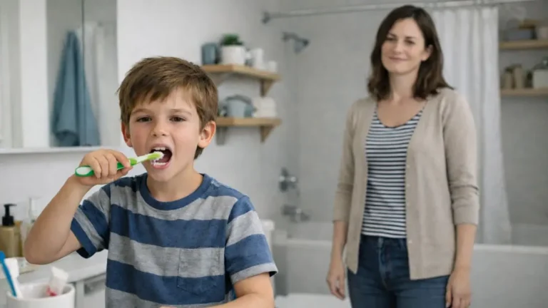 A child brushing their teeth while a parent watches calmly in the bathroom.