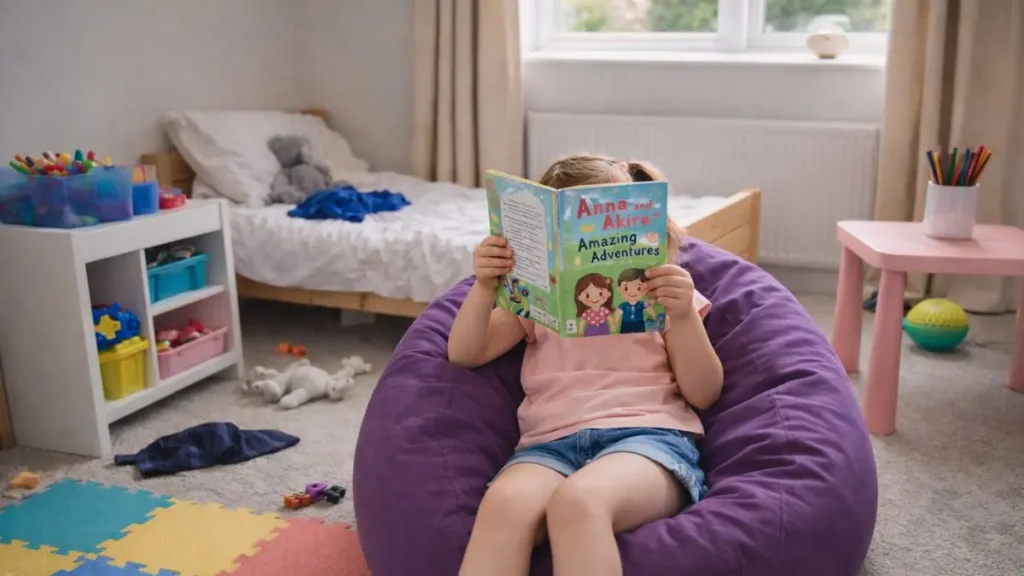 Child sitting quietly reading a book to calm down after a busy day