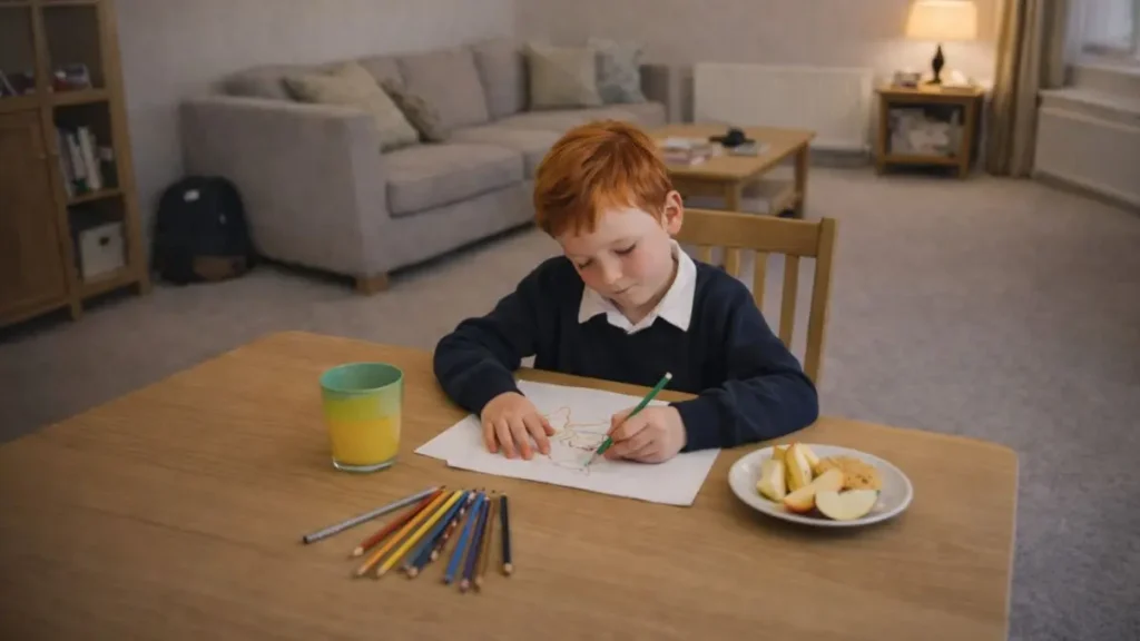Child drawing quietly at a table after school in a UK home.