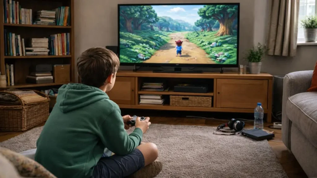 Child sitting on the floor regulationg by playing a video game in a calm living room setting