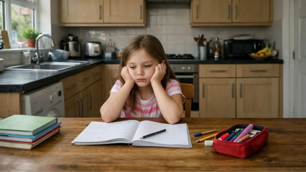 What calm support for children looks like 2 Child sitting at kitchen table looking overwhelmed while doing homework