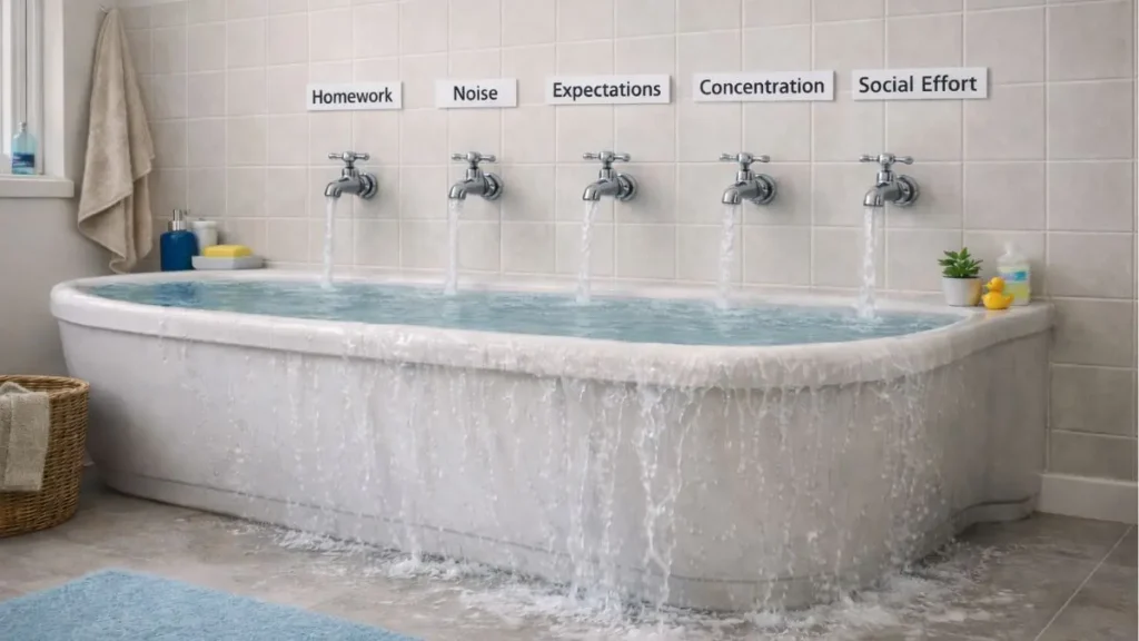Bath overflowing with taps labelled homework, noise, expectations, concentration and social effort, a metaphor for overstimulation.
