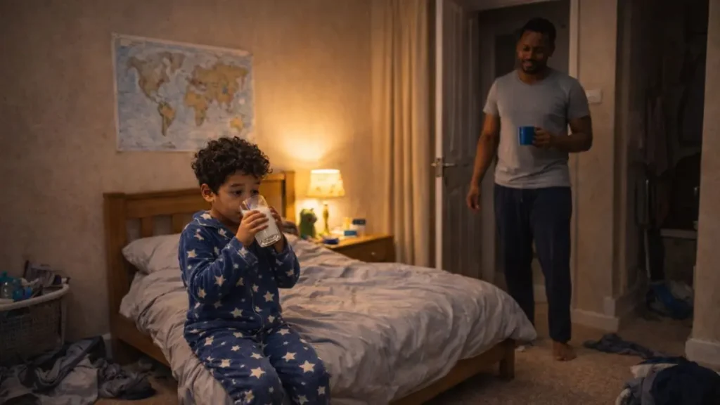 Why some children need quiet time before bed 3 Child drinking a glass of milk, a calm bedtime routine with dad nearby.