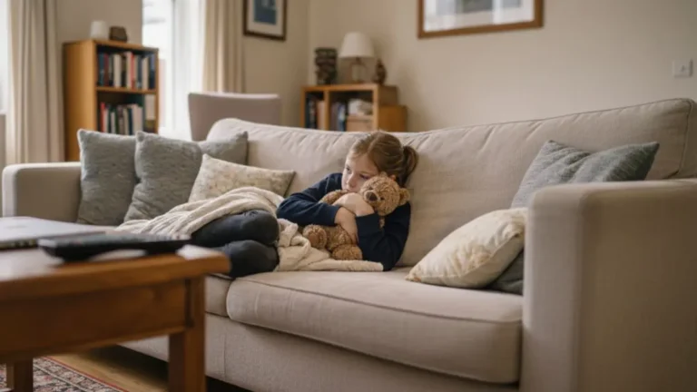 Child resting quietly on a sofa after an after-school meltdown.