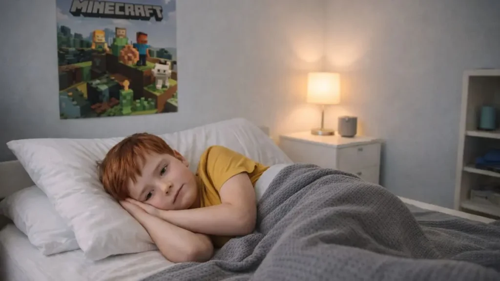 Child resting calmly in bed after sensory overload
