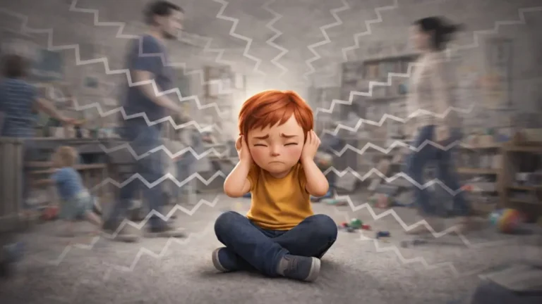 Illustrated child covering ears in a busy environment, showing sensory overload.