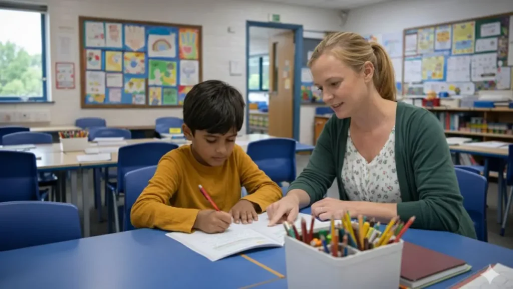 How SEND support usually works in UK primary schools 3 Child receiving additional support in a UK primary classroom.