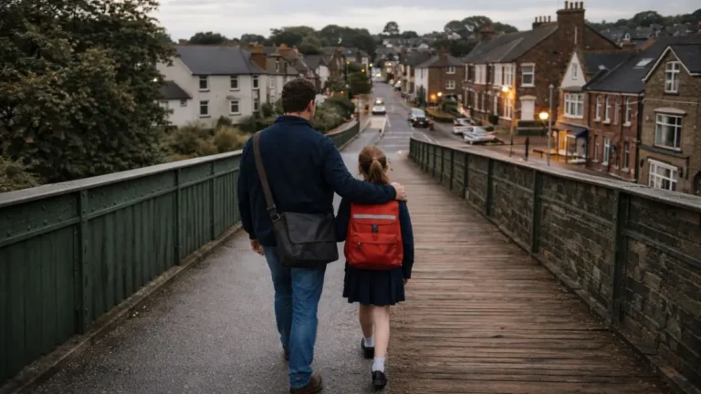 Dad walking his daughter home from primary school in the UK.