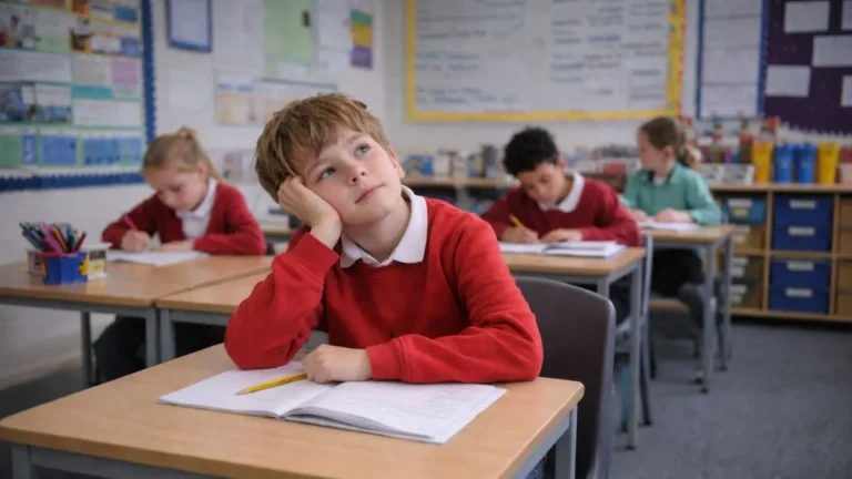 Primary school child daydreaming at desk in classroom.