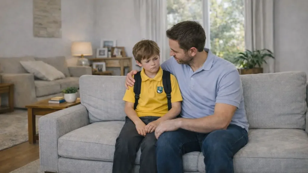 When your child struggles with school mornings 3 A realistic UK bedroom morning scene showing a boy hesitating while looking at his school uniform laid out on the bed. The image visually represents transition difficulty and morning reluctance rather than defiance.