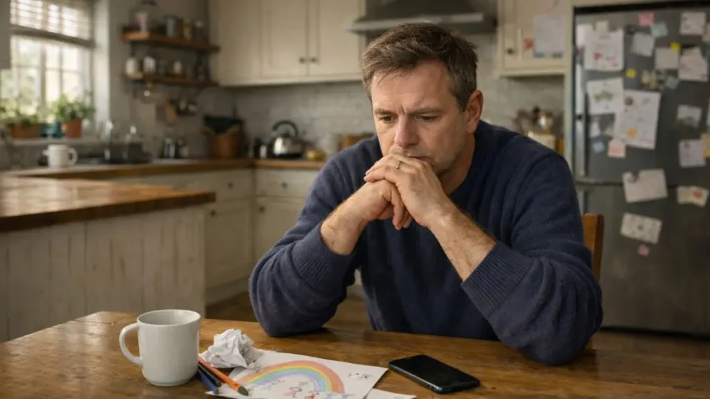 Father sitting at kitchen table looking worried and thoughtful in a UK home