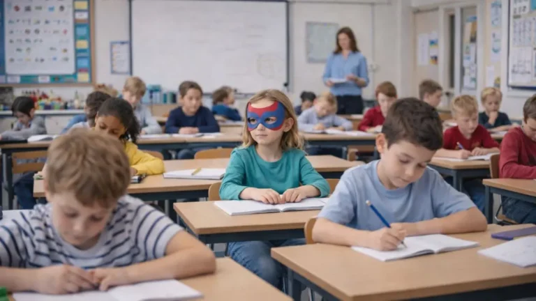 A child wearing a simple superhero mask sitting in a classroom surrounded by other pupils.