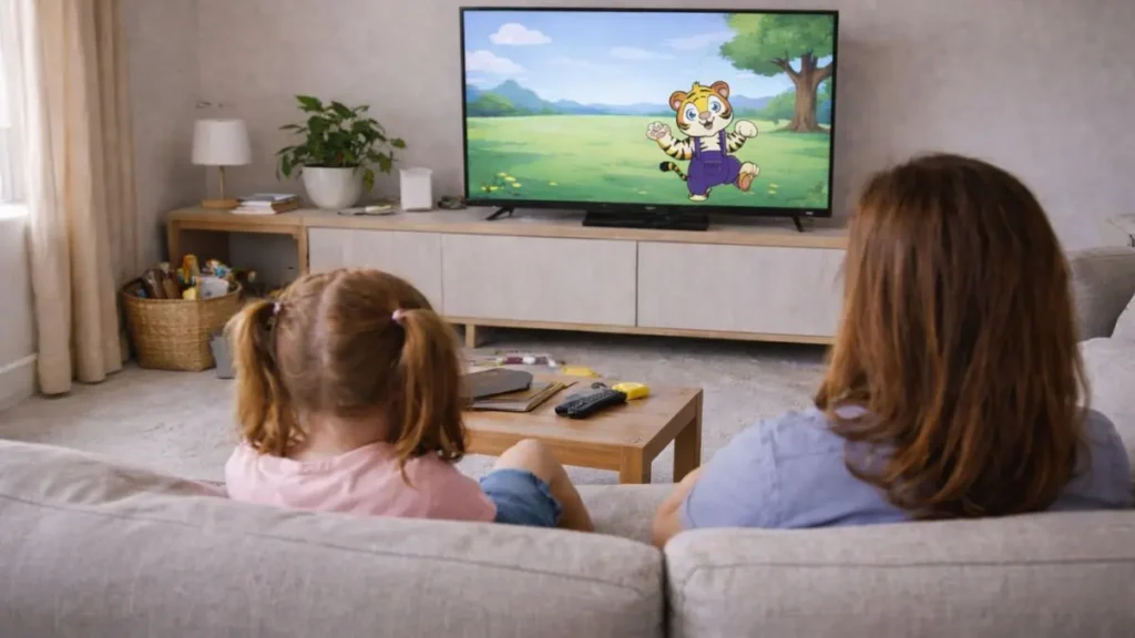 Parent and child sitting together on the sofa watching Tanga the Tiger on television calmly