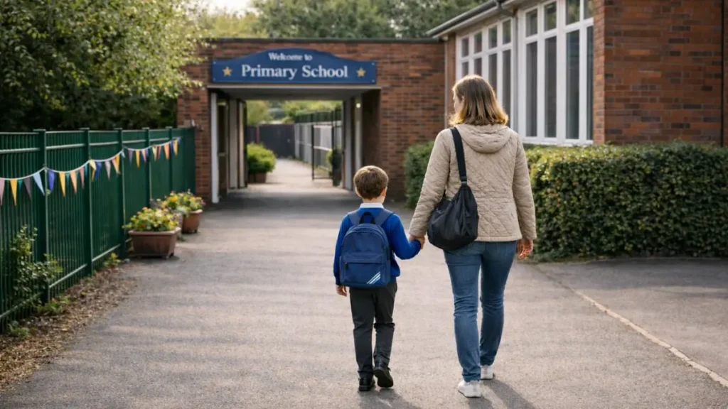 Calmer ways to support school anxiety in children 3 Parent walking anxious child to UK primary school gates in the morning