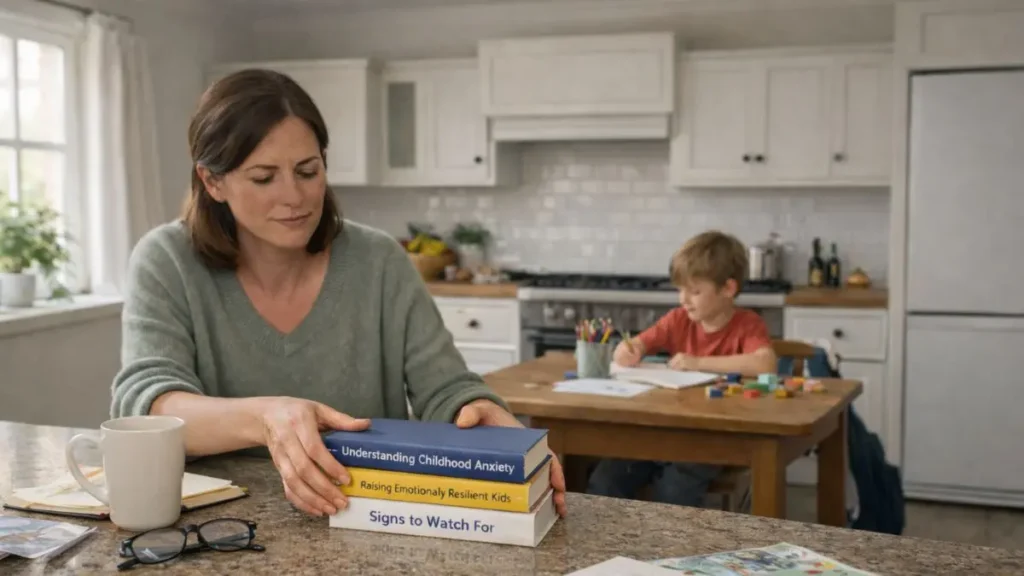Mother in UK kitchen putting away child mental health books while son draws at table.