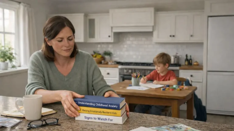 Mother in UK kitchen putting away child mental health books while son draws at table.