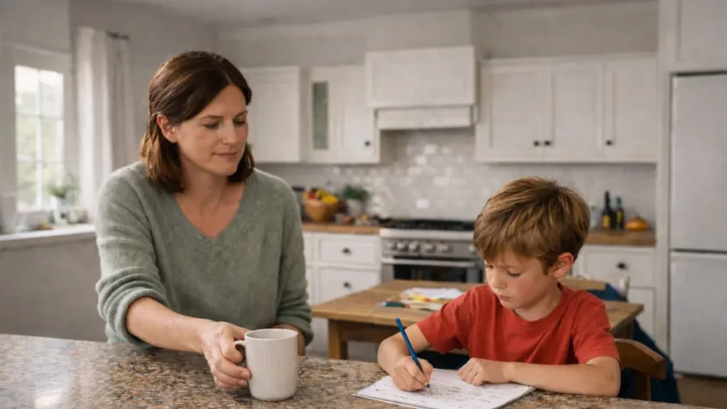 Mother sitting near child doing homework at kitchen table in UK home