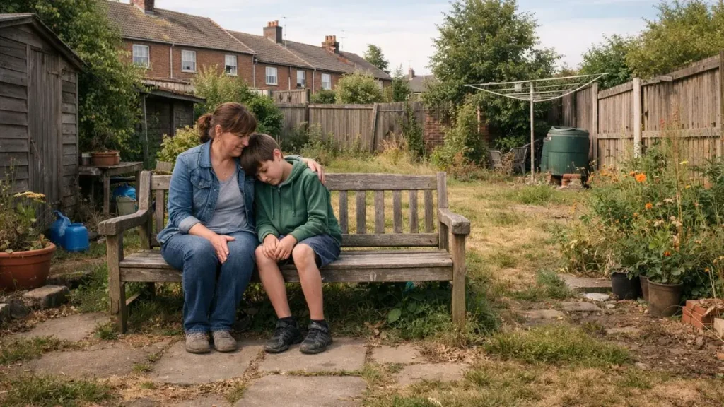 Mum sitting on a garden bench with her son, offering quiet emotional support in a UK back garden