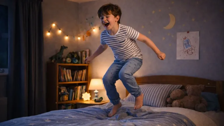 Tired child jumping on their bed at night instead of settling to sleep.