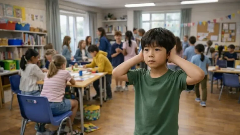 Child covering ears in a noisy classroom looking overwhelmed