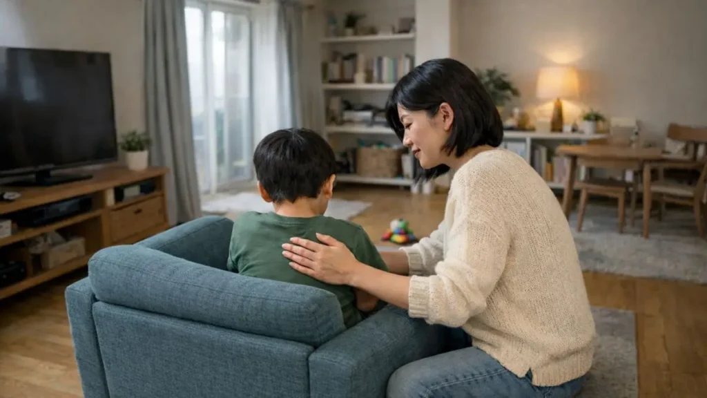 Parent gently comforting overwhelmed child at home