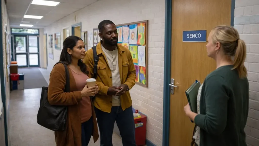 Parents speaking with a primary school teacher about SEND support.