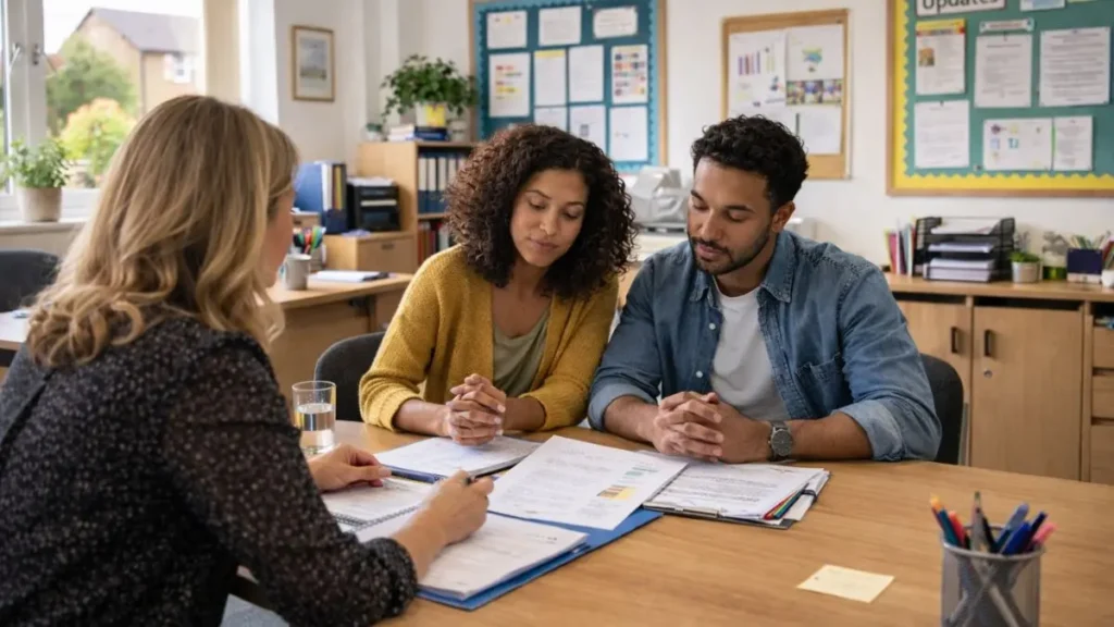 Parents meeting with teacher to discuss school report in UK primary school