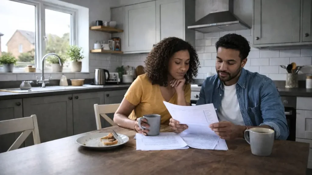 Parents reviewing school report together at kitchen table