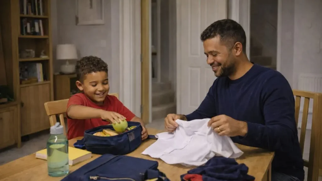 Parent and child preparing school clothes and lunch together