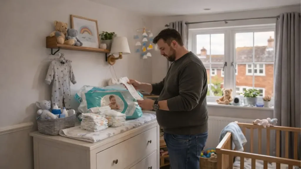 Parent unpacking supermarket nappies at home while reviewing grocery receipt.