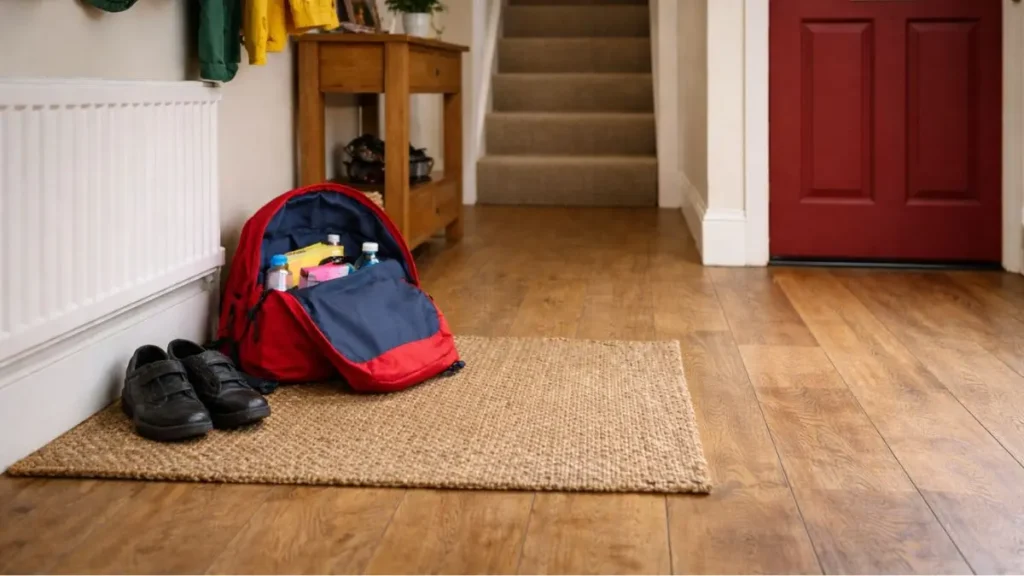 School bag and shoes left on the floor in a UK home after school.