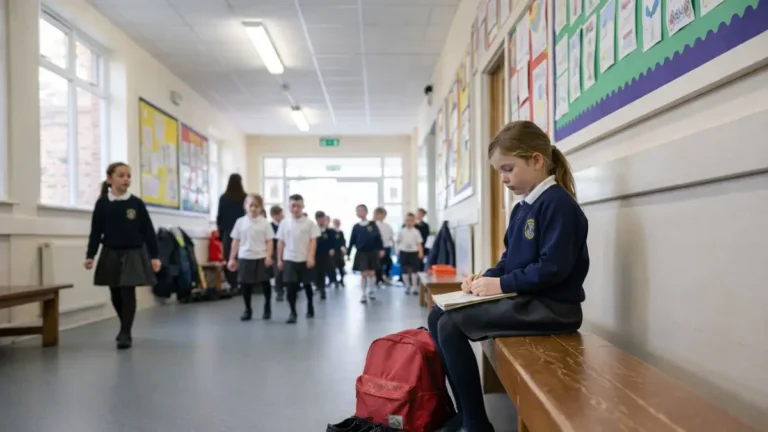 A child sitting quietly in a school corridor at the end of the day.