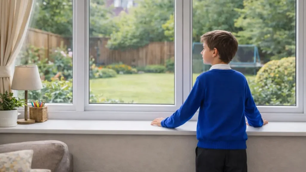 Primary school child standing at a window at home looking thoughtful and calm