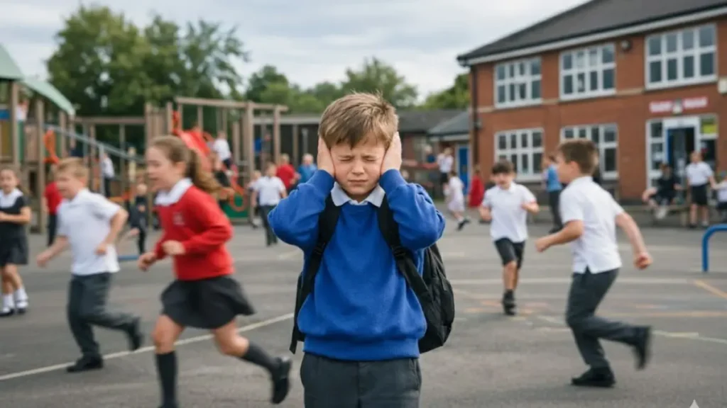 Primary school child covering ears in a noisy playground looking overwhelmed